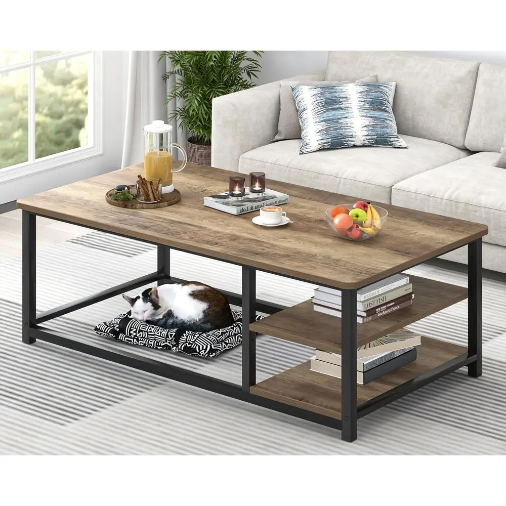 

Rustic Oak Modern Coffee Table with Storage Shelf, 47 Living Room Centerpiece in Wood and Metal