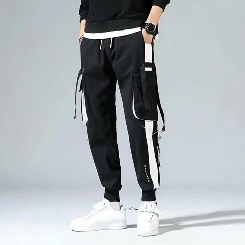 Men Cargo Pants Hop Streetwear Cargo Pants with Strap Decor Multi Pockets Elastic Waist for Men Stylish Outdoor Trousers Men