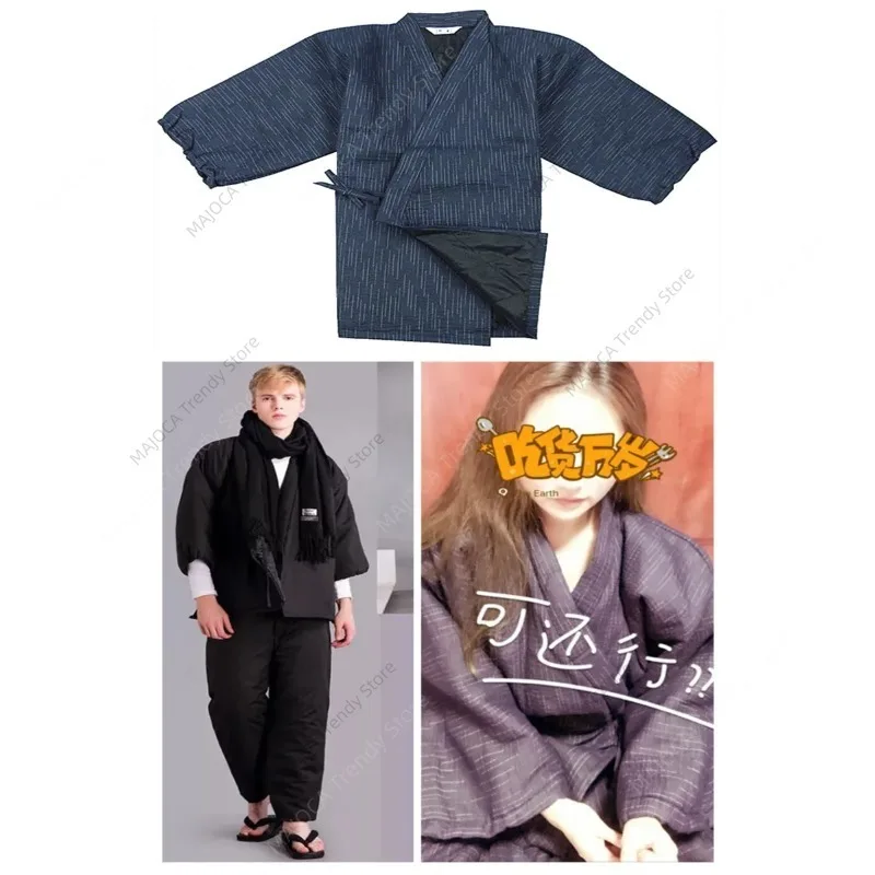 Jinbei Japanese Kimono Haori Men Quilted Home Clothes Semi-wrapped Warm Japan Style Cotton Asian Cloth Yukata Pajamas Sets