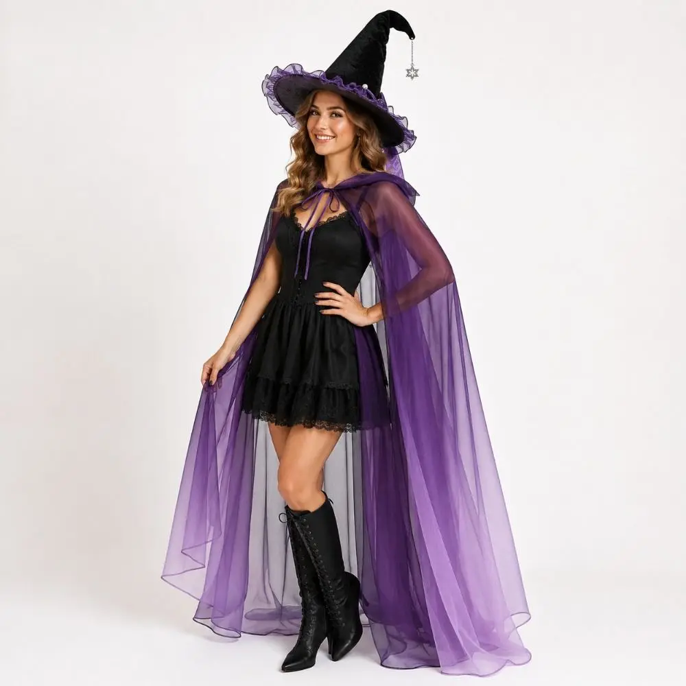 Party Props Satin Bow Halloween Hat Lace Veil Wizard Cap Star Pendant Tall Pointed Cone Top Cosplay Accessories Cosplay Event