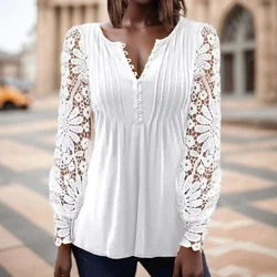 Fashion Long Sleeve Lace Blosue Hollow Out V Neck Woman Tops Casual Slim White Shirt Solid Pleated Vintage Blouses Women 24815