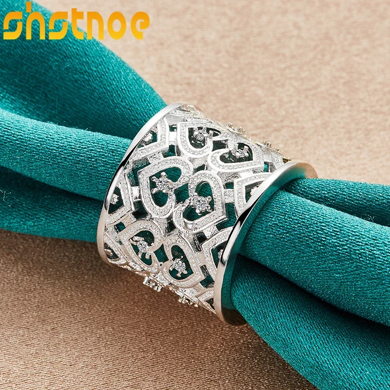 Shstone 925 anel de prata esterlina clássico zircão oco coração aberto anéis para festa feminina jantar casamento moda jóias