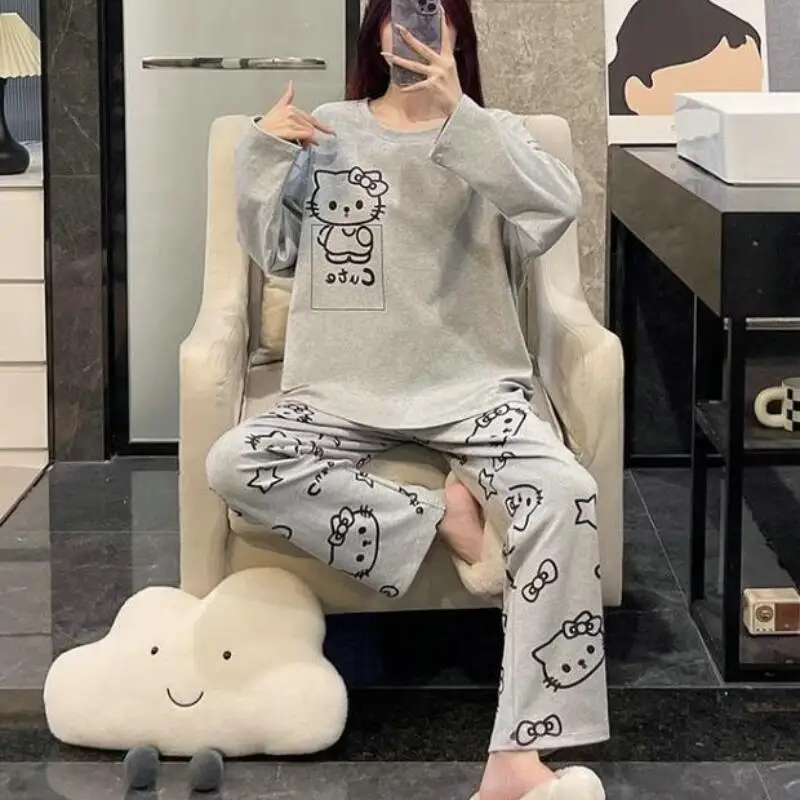 

Sanrio Hello Kitty женские пижамные комплекты для сна Kawaii мультфильм весна и осень брюки с длинными рукавами круглый вырез домашняя одежда новинка