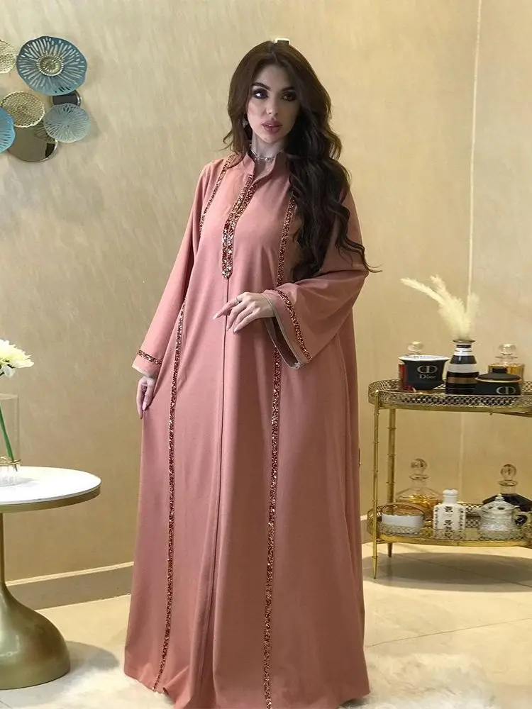 Muslim Fashion Women Islamic Satin Dress Hijab Arabic Abaya Dubai Big swing Bling bling Beadin Eid Mubarak Turkish Dress Wy1020