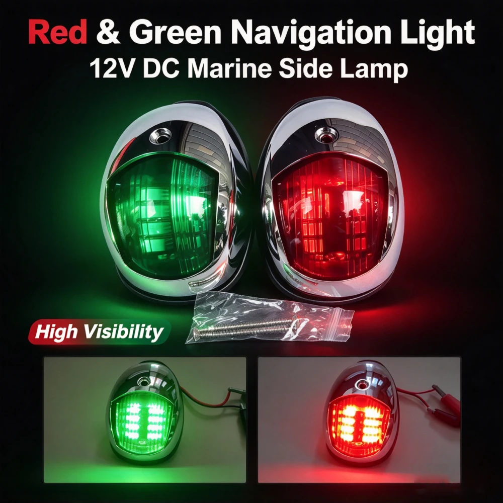 2Pcs Chrome Bezel LED Boat Navigation Lights 12V Red Green Position Light Marine Running Lights Yacht Sailing Lamp Waterproof