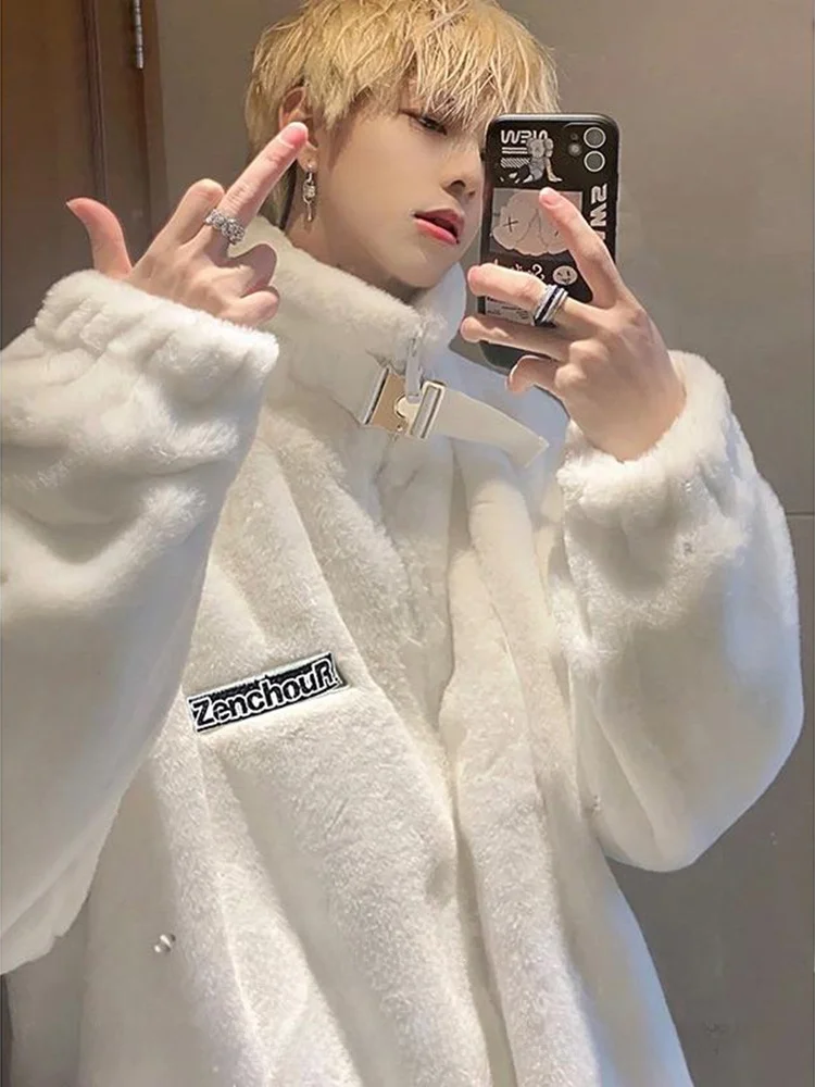 

Lamb Velvet Jaet for Men Winter American High Street Trendy Oversize Couple Matching Cotton Clothes Metal Decoration Long S...