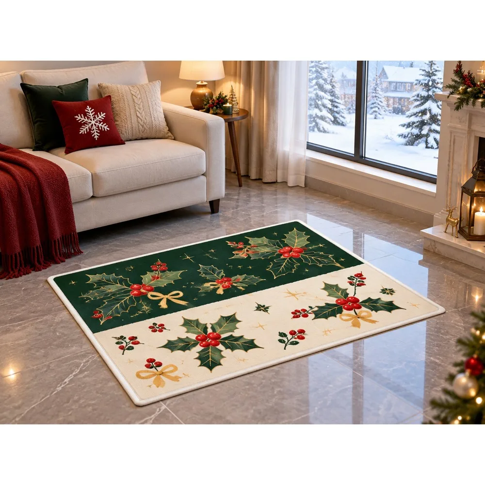 VIKAMA Christmas Pine Gold Holly Flannel Door Mat, Non-Slip Washable Xmas Mat, Christmas Decor for Guest Room, Mudroom