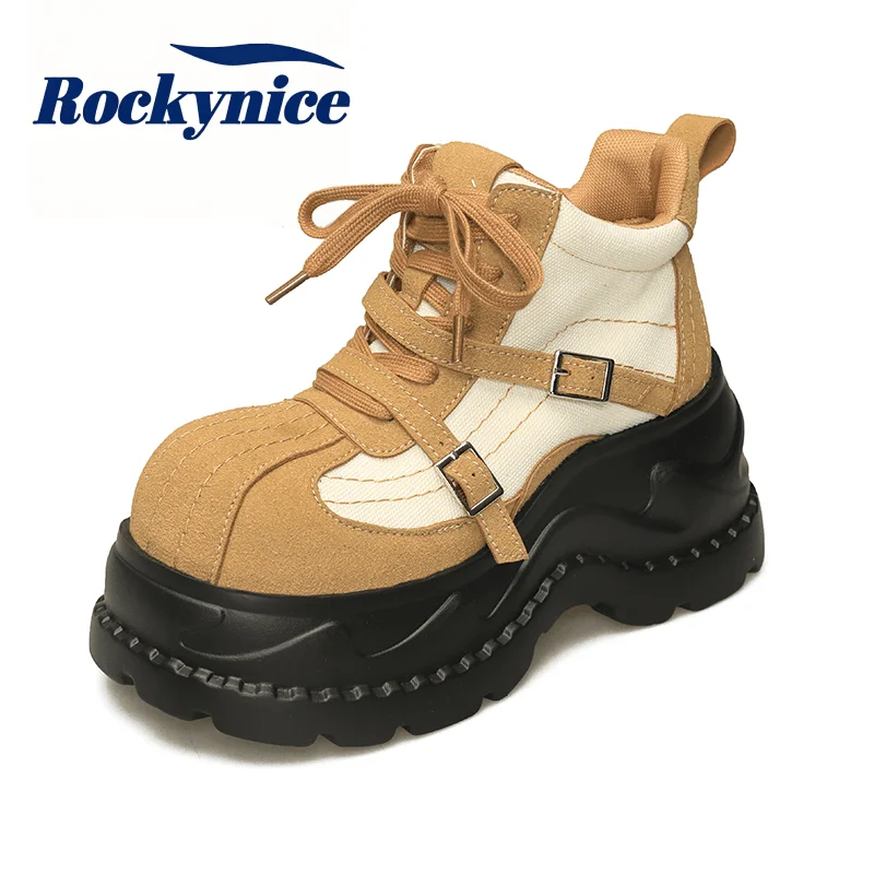 8CM High Platform Women's Boots Designer Belt Buckle Nubuck Leather Ankle Boots for Women Auttumn Chunky Sneakers Botas Mujer