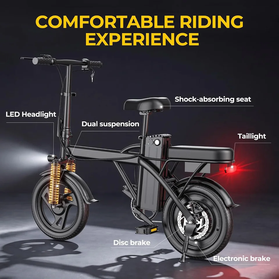 14'' Foldable Electric Bike 500W Motor 48V Battery 22MPH Max Speed 30Miles Long Range with Two Seats for Adult Mini E Bike image 6
