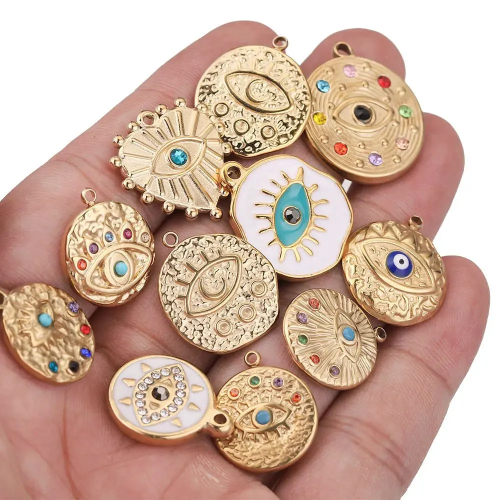 5pcs Stainless Steel Gold Plated Evil Eye Stone Charms Necklace Pendant Connector for Earrings Diy Jewelry Making Supplies Bulk