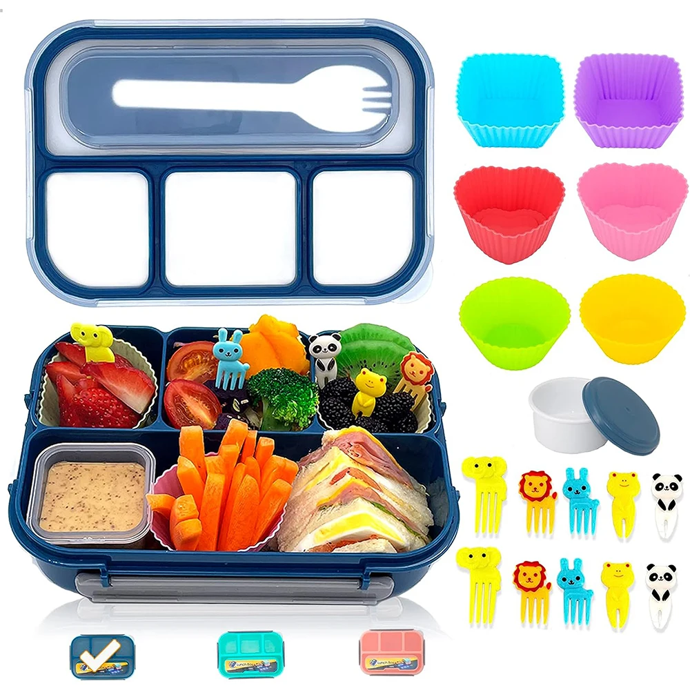 Bento Lunch Box For Kids Adult 4 Compartment Lunch Box Containers Kids Lunch Box With Fun Accessories Silicone Food Cake Cups