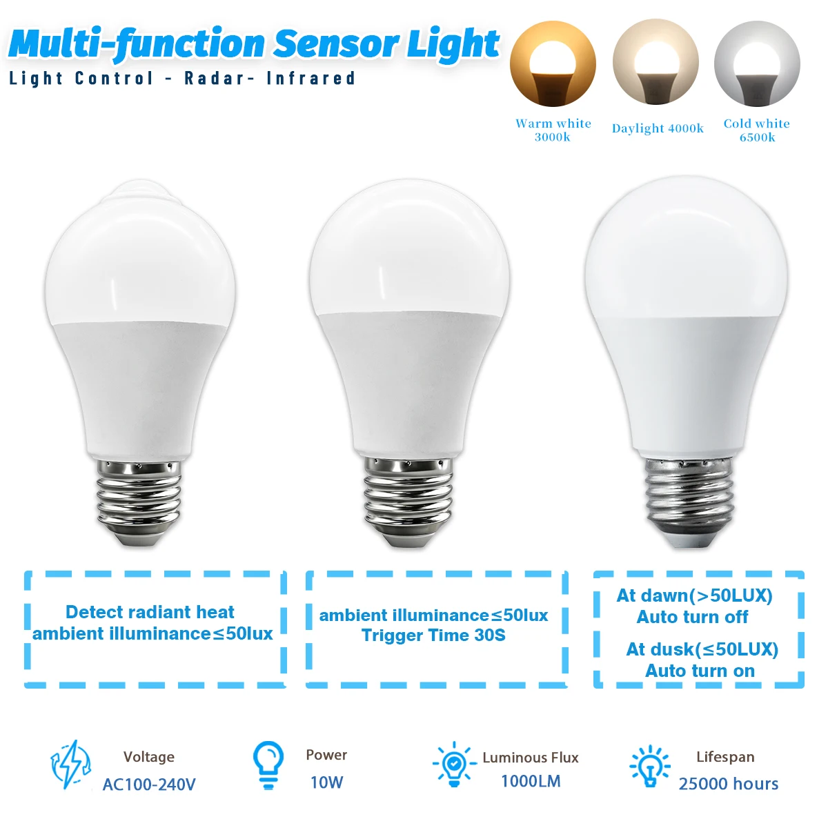 220V 120V PIR Motion Sensor Lamp 10WLED Bulb Warm Lighting Radar Motion Sensor Infrared Radiation Motion Detector Outdoor Light