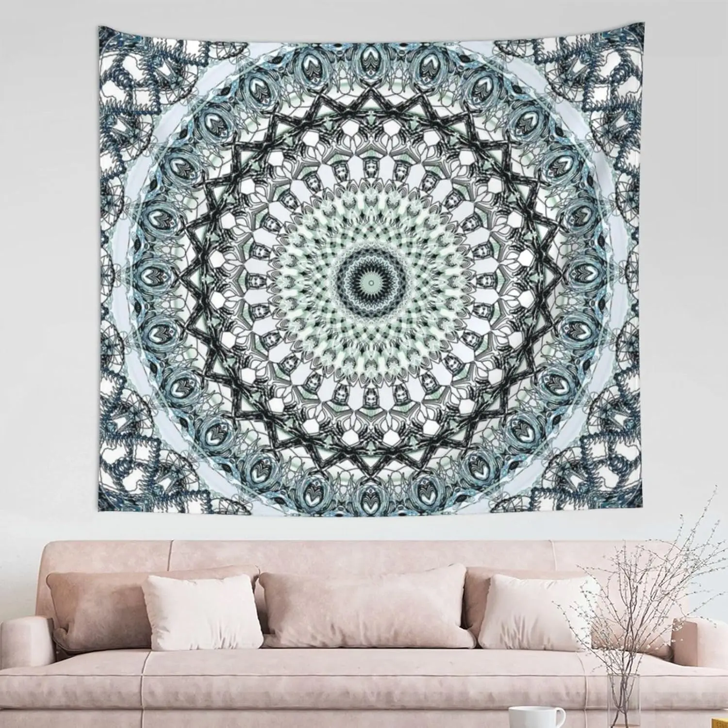 Tapiz Mandala Bohemio, Tapiz de Pared con Diseño Mandala Simétrico en Gris y Verde Azulado, Perfecto para Agregar Calma y un Toque Místico a tu Espacio
