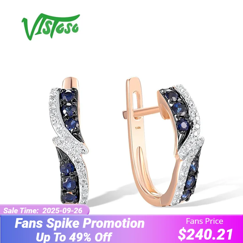 

VISTOSO Genuine 14K 585 Rose Gold Latch Back Earrings For Women Blue Sapphire Diamond Classic Wedding Fine Fashion Jewelry