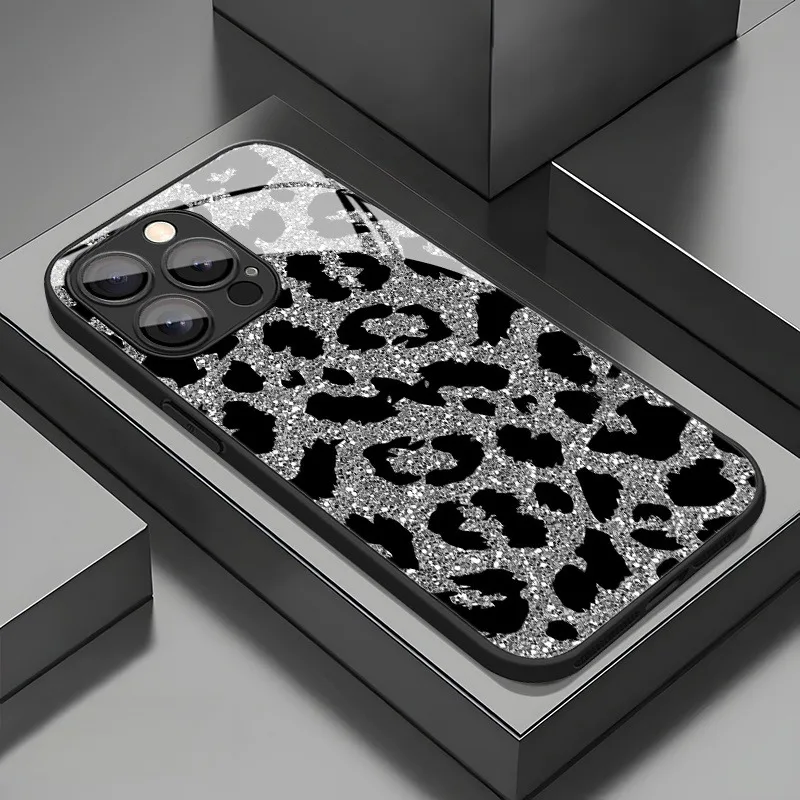 

White Flash Leopard Pattern Tempered Glass Black Phone Case For Samsung Galaxy S25 S24 S23 Ultra Plus FE Cover