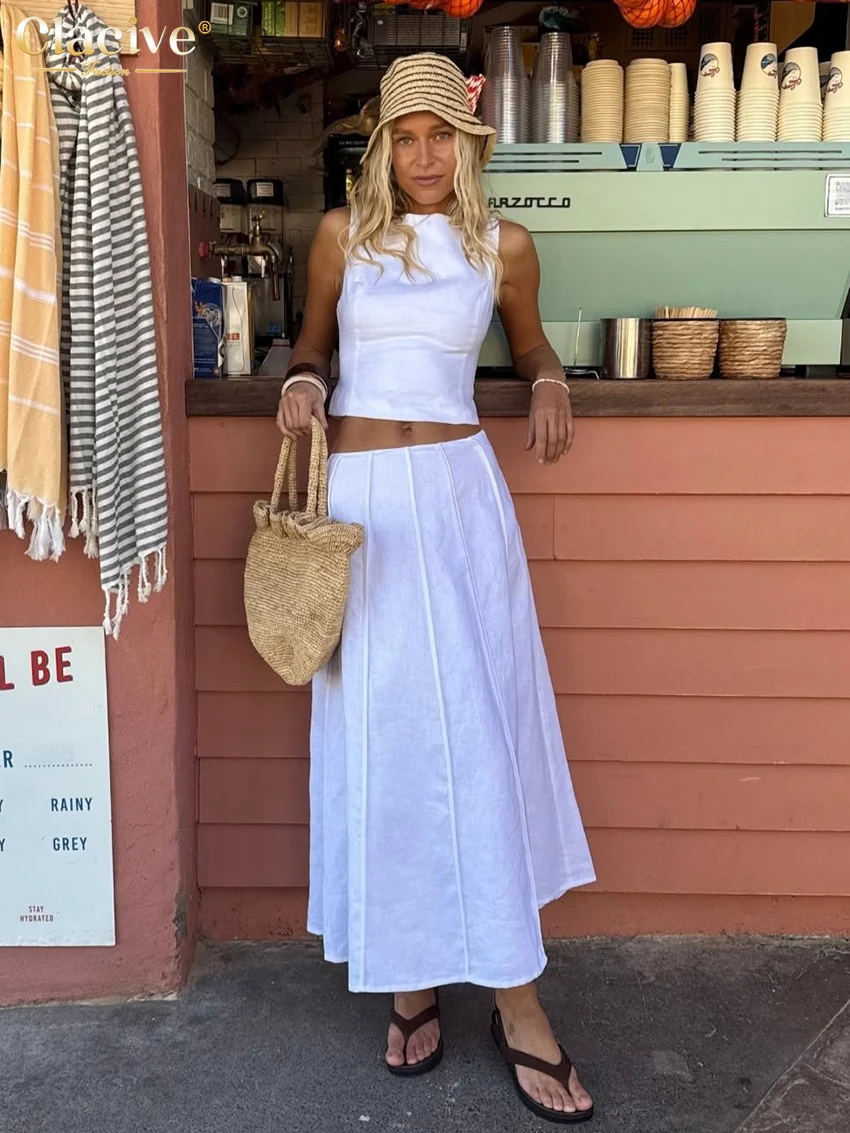 

Clacive Summer Loose White Cotton Women's Two Pieces Set 2026 Sexy Sleeveless Crop Top With High Waist Long Skirt Set Streetwear