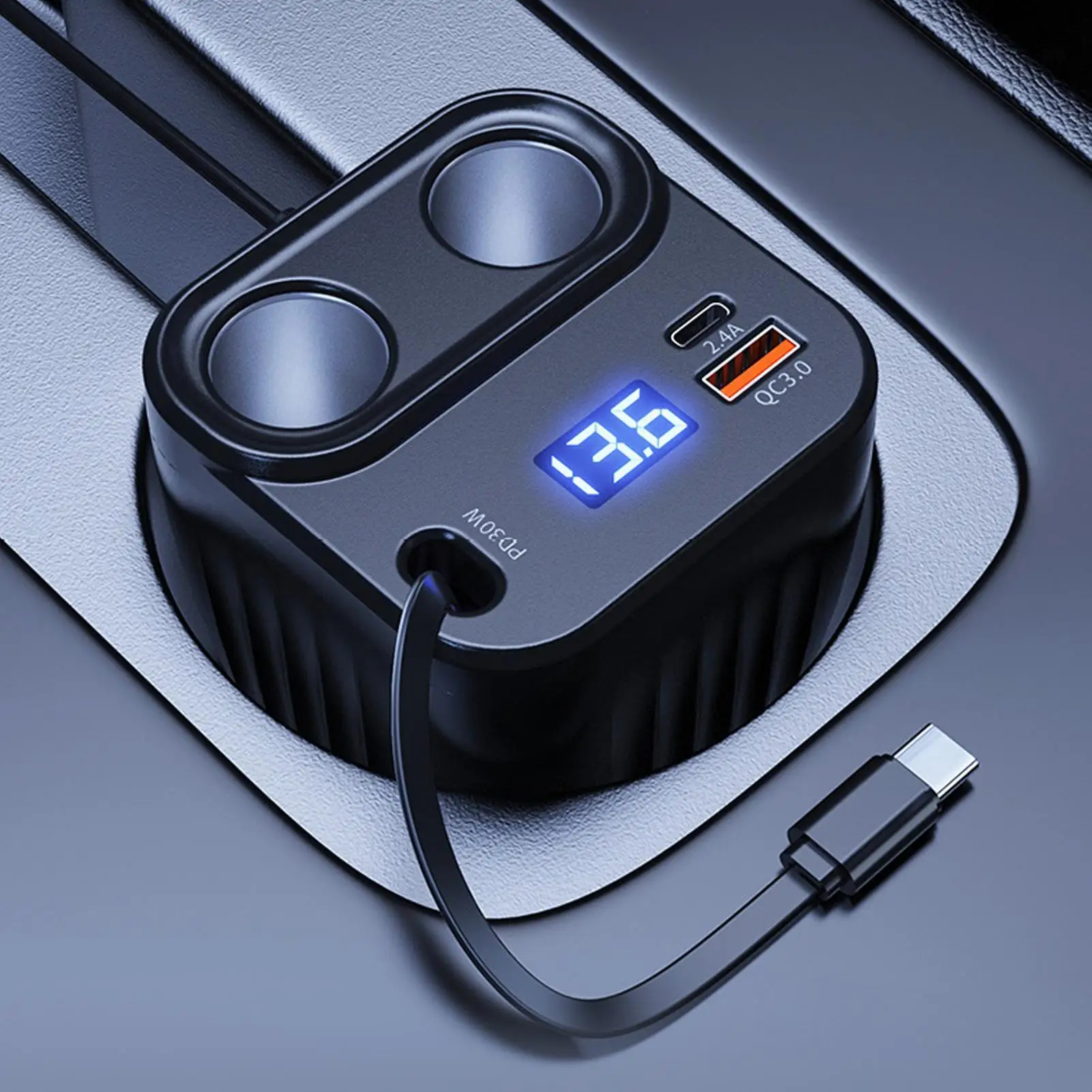 Adaptador de cargador de coche 60W carga antideslizante Cable ajustable Plug-and-Play cargador rápido de coche de 2 puertos para batería hombres mujeres celular