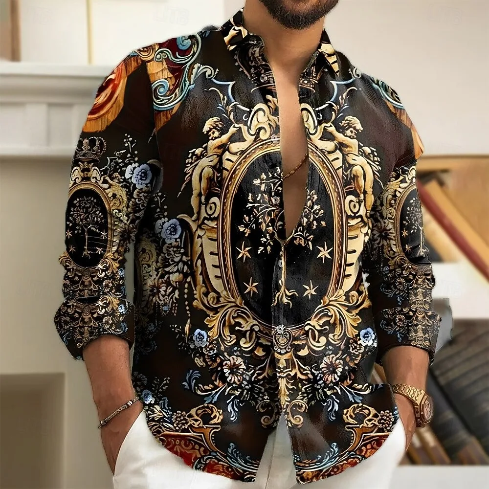 New men's geometric polka 3D dot printed shirt with formal lines, long sleeved fashionable casual holiday top