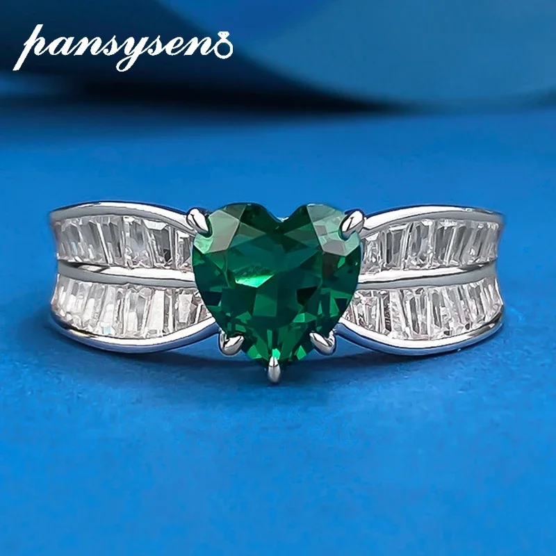 

PANSYSEN Vintage 925 Sterling Silver 7MM Heart Cut Emerald Lab Diamond Anniversary Party Ring for Women Fine Jewelry Wholesale