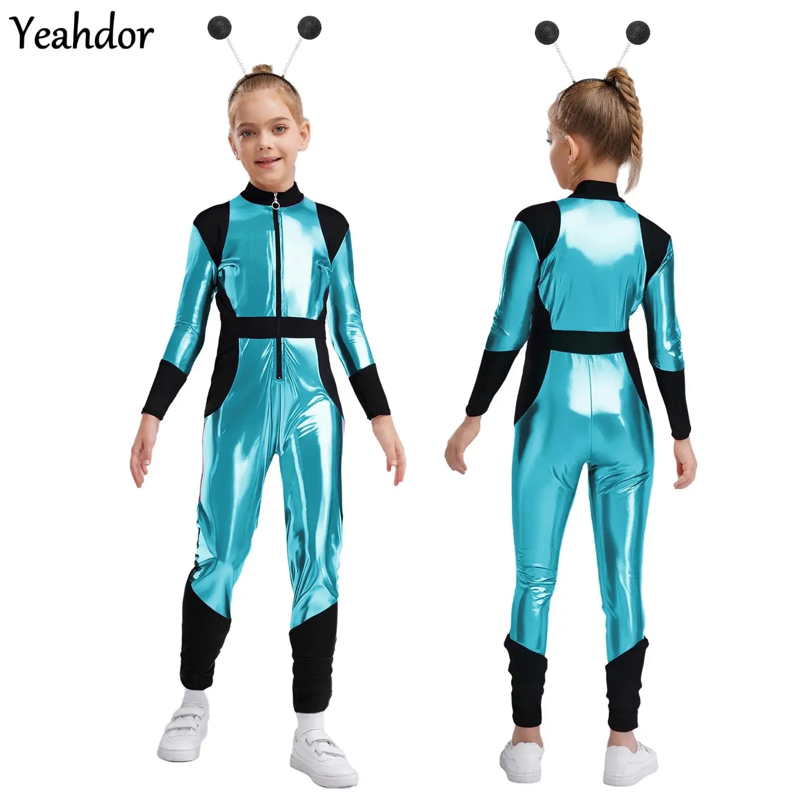 

Halloween Fancy Alien Drees Up Boys Girls Cosplay Robot Outer Space Astronaut Costume Metallic Shiny Jumpsuit with Hair Hoop Set
