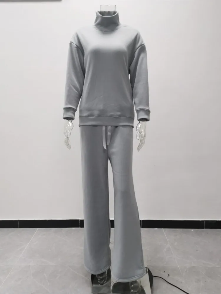 

Sweatshirt Wide-leg Pants Two-piece Set For Woman Fashion High Neck Pullover Pant Suits Ladies Autumn Winter Hoodie Loose Outfit