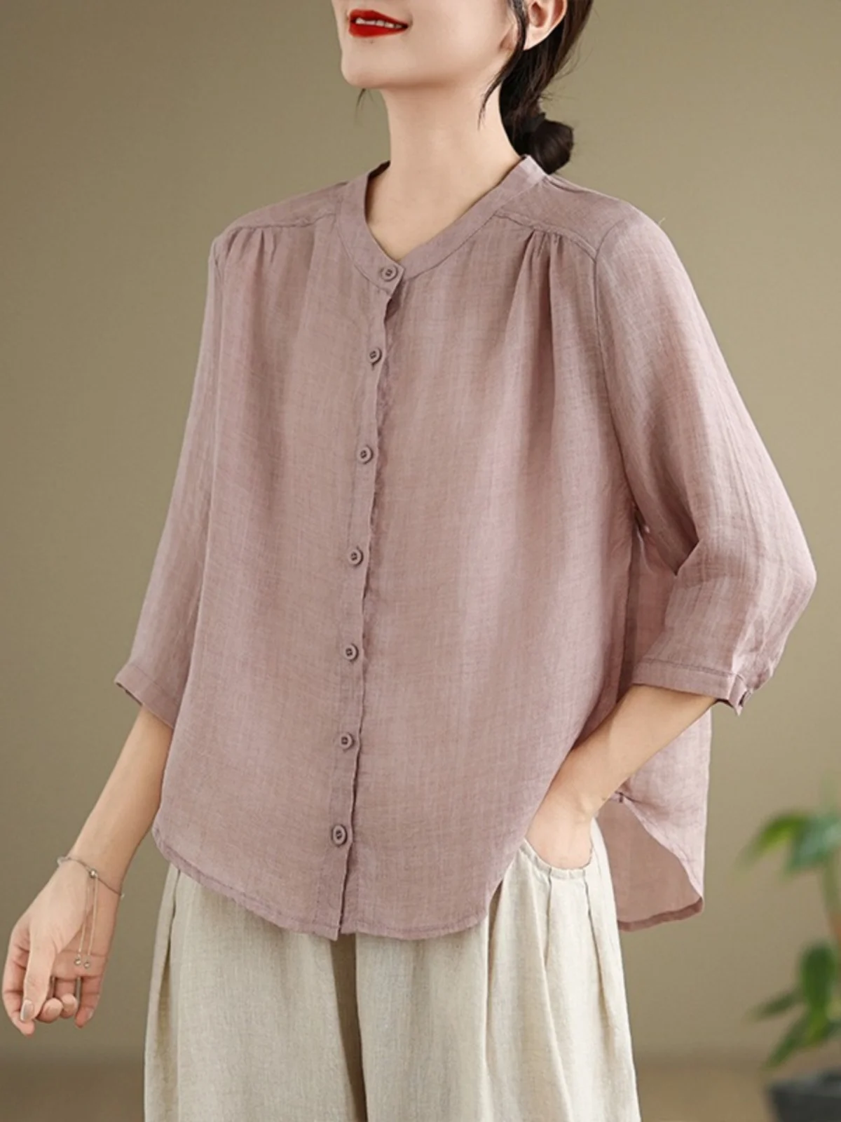 2024 verano Faion mujer algodón Lino siete-Sve Casual irt y pantalones Harlan conjunto de dos piezas redondo Ne Button-Up Sle