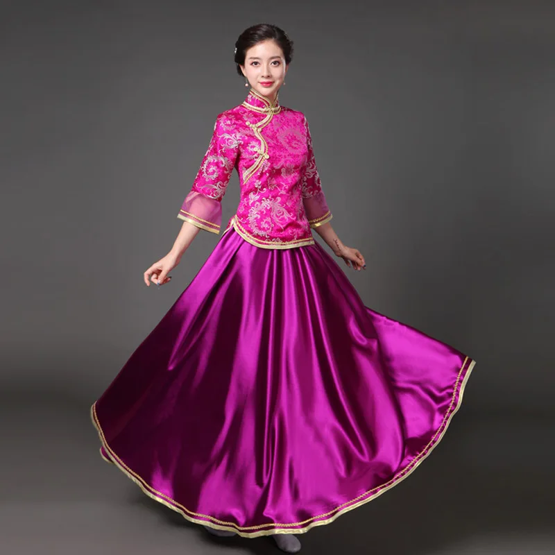 

Republic of China Style Ancient Costumes Women Chinese Style Cheongsam Top&skirt Satin Vintage Stage Performance Outfit