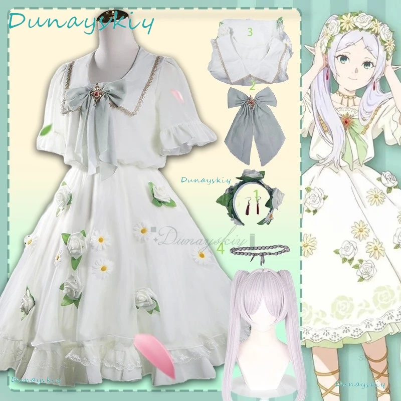 

Аниме Frieren: Beyond Journey's End, гирлянда для косплея, головной убор, костюм, парик, юбка с белым цветком, женский костюм для вечеринки на Хэллоуин, карнавал