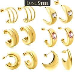 LUXUSTEEL Stainless Steel C Shape Stud Earrings Waterproof Jewelry Round Chunky Zirconia Jewelry Women Accessories Hoop Earrings