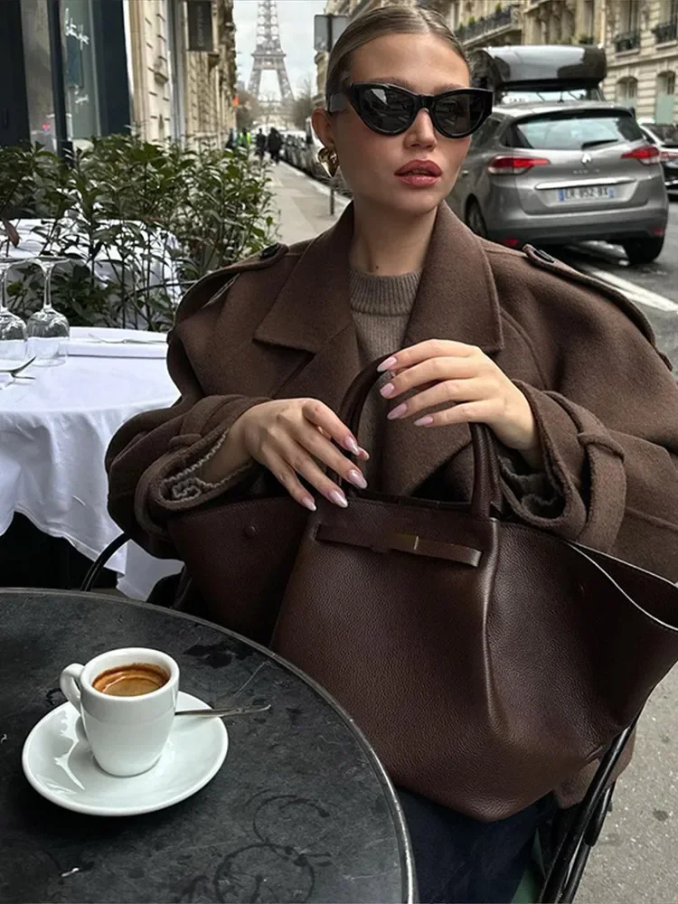 2024 New Women\'s Coffee Wool Blend Coat Casual Lapel Double-breasted Long Sleeve Jacket Ladies Fashion Commute Street Outerwear