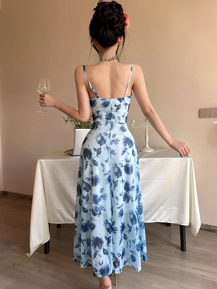 2025 novo azul floral malha chique estilingue maxi vestido feminino elegante casual estilo praia vestido de verão moda coreana bodycon vestido de festa