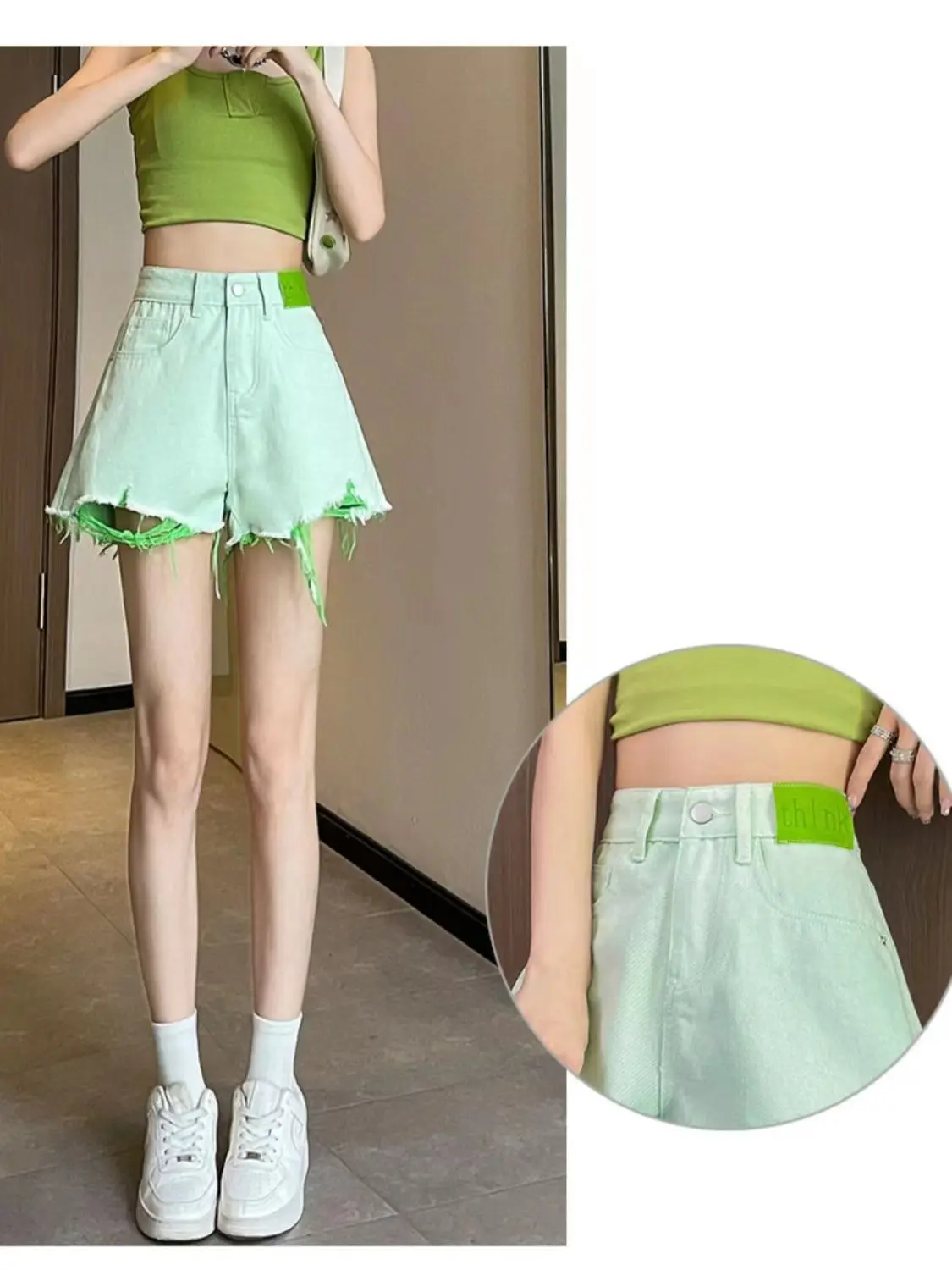 Short en jean déchiré vert clair pour femme, pantalon chaud, taille haute, petit homme, ample, jambes larges, été, 2025