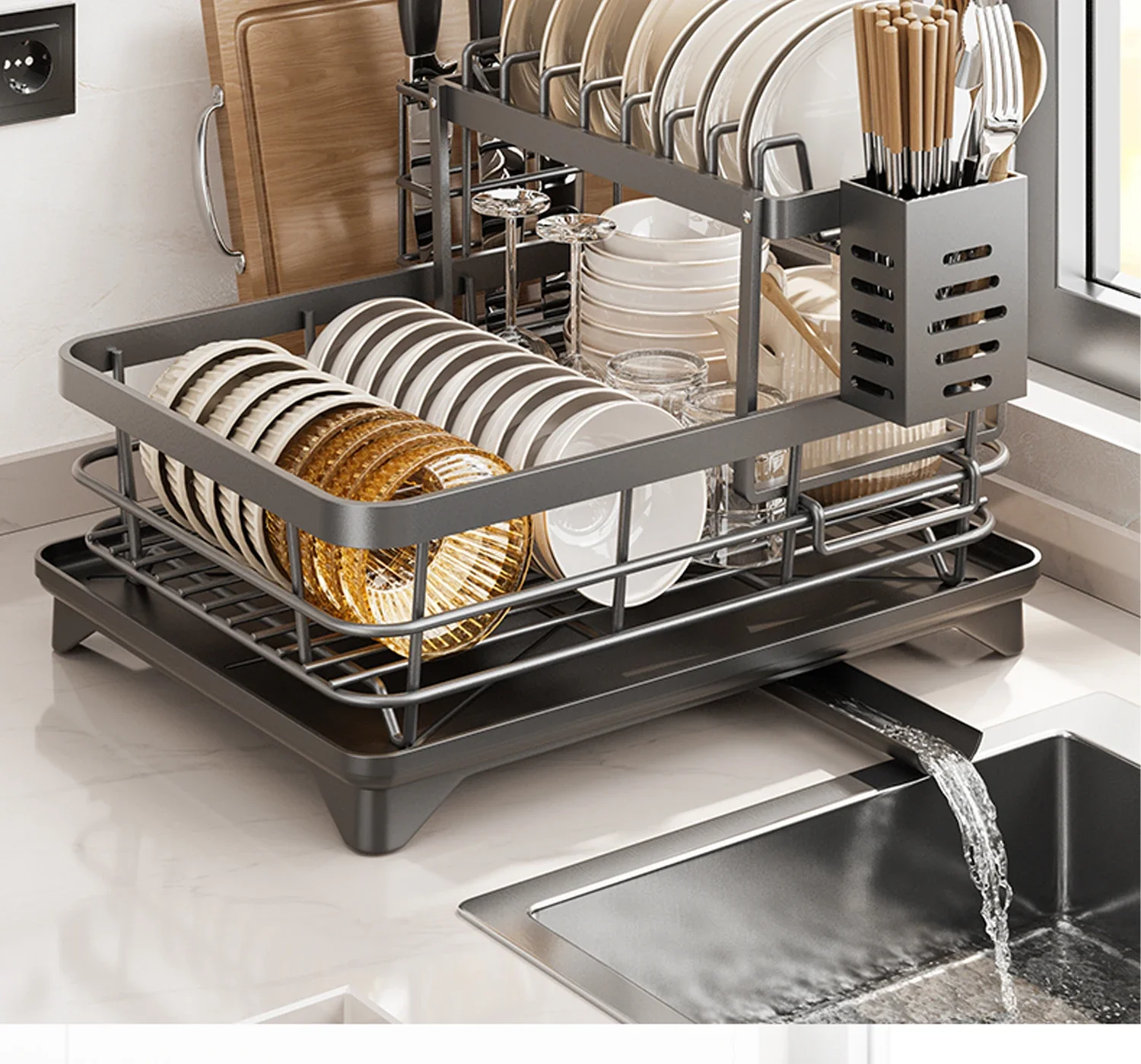 

Полка для хранения посуды Сливная корзина Полка для мисок Миски и палочки для еды Посуда и посуда Новая двухслойная кухонная стойка из нержавеющей стали