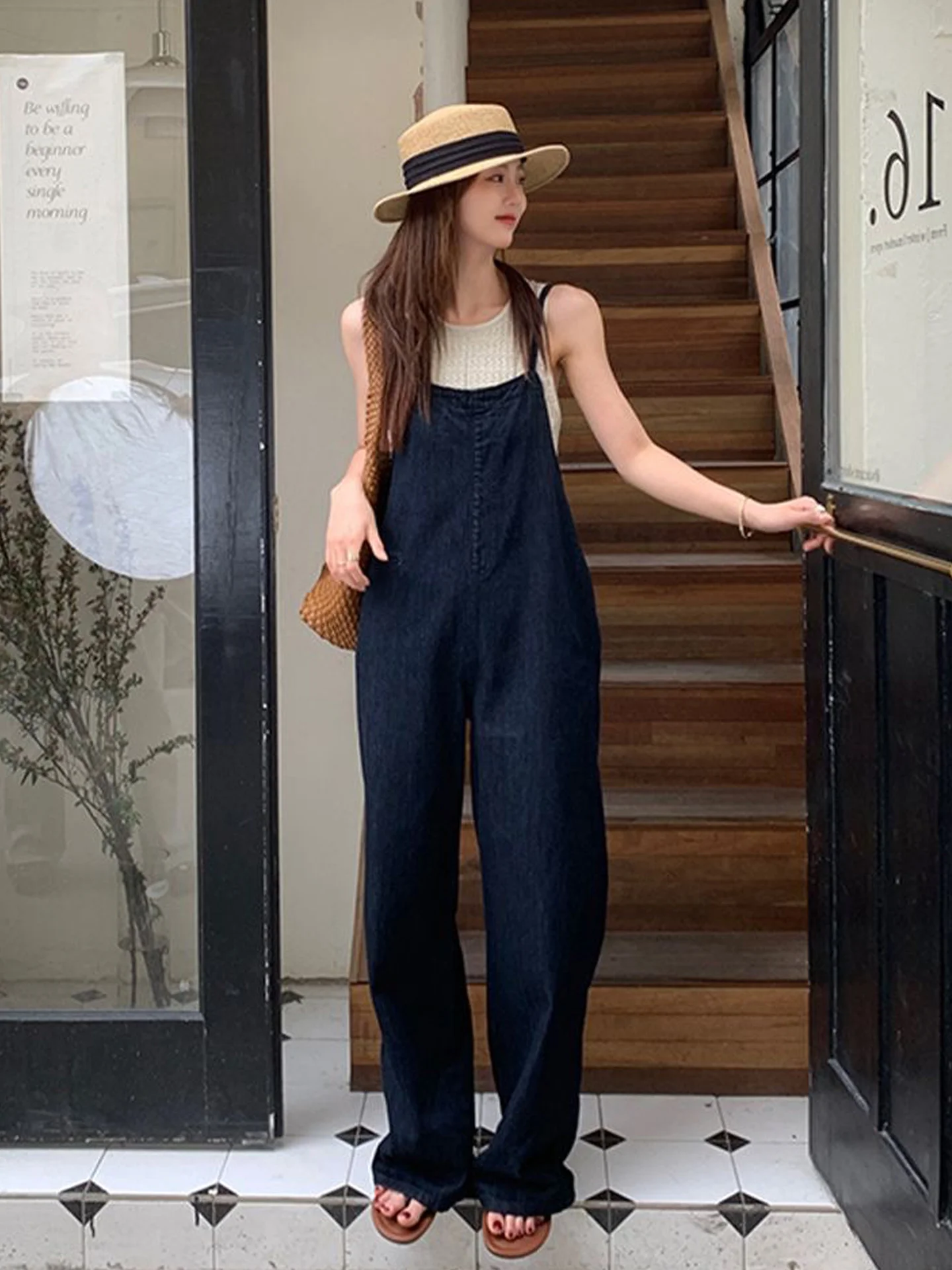 

Deep Blue High Waist Wide Leg Denim Overalls Women's Summer New Style Slimming Aesthetic Strap Pants Vintage Style Pocket Detail