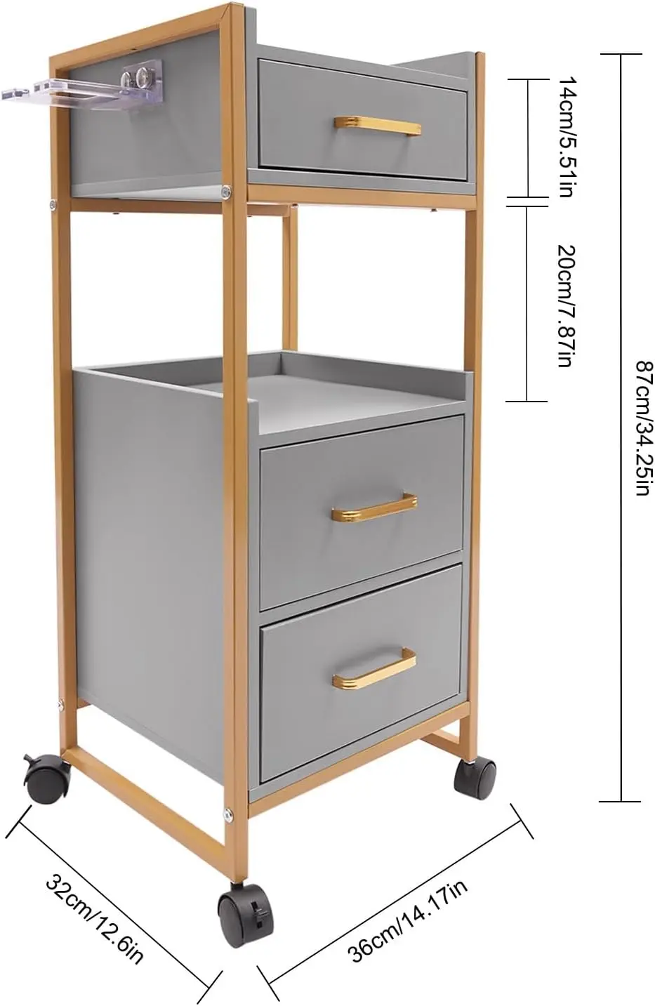Rolling Salon Trolley Storage Cart Hair Barber Cabinet Mobile Station 3 Drawers 2 Shelves Tool Holder Utility Barbershop Spa Tat