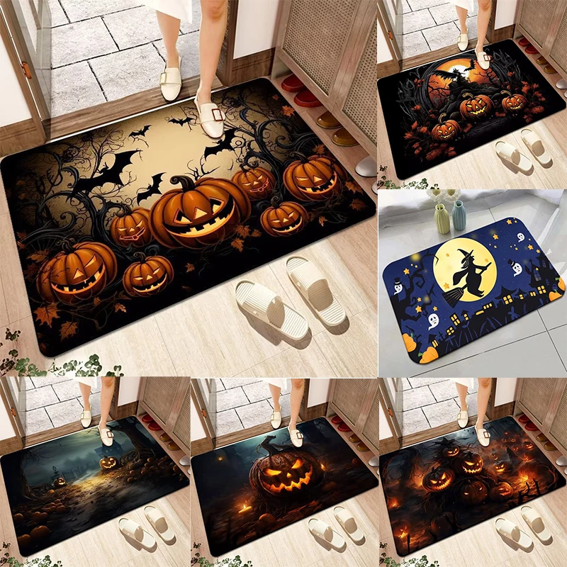Fußmatte mit Halloween-Motiv und Kürbis-Fledermaus-Muster, rutschfest, saugfähig, für drinnen und draußen, Willkommensmatte für Heimdekoration