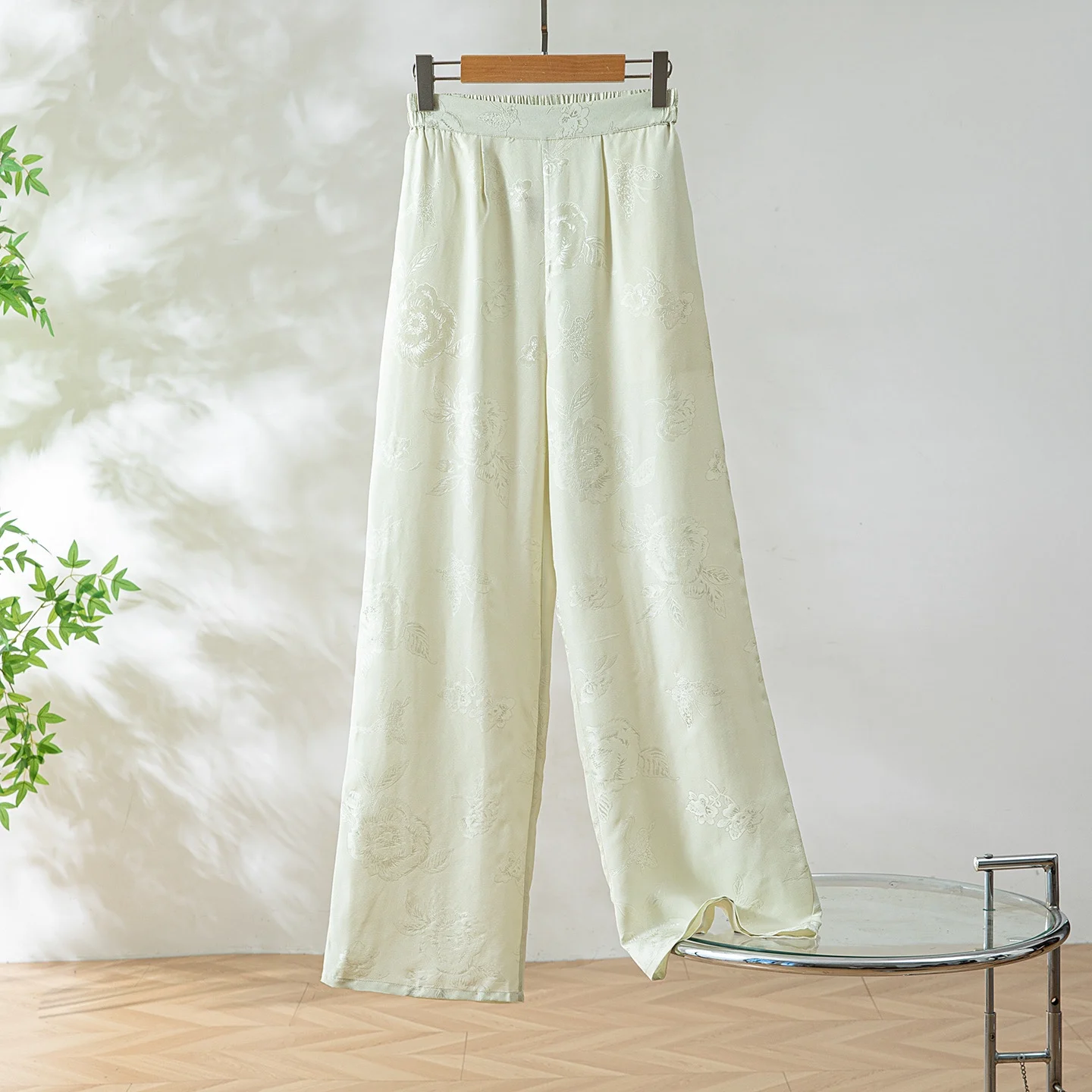 Luxury Grade 100% Natural Mulberry Silk Frosted Jacquard Ghost Crepe Solid Women's Fashionable Casual Loose Straight Pants