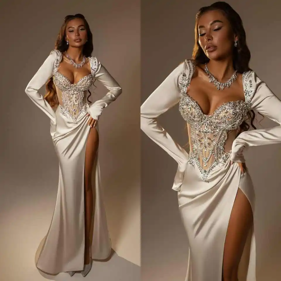 

Glamorous Crystals Mermaid Prom Gowns Long Sleeve High Slit Evening Dresses Beaded Engagement Party Customized