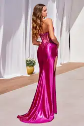 Strapless Satin Long Prom Dress Fitted Applique Sheer Corset Formal Evening Gown Backless Mermaid Cocktail Party Dresses Slit