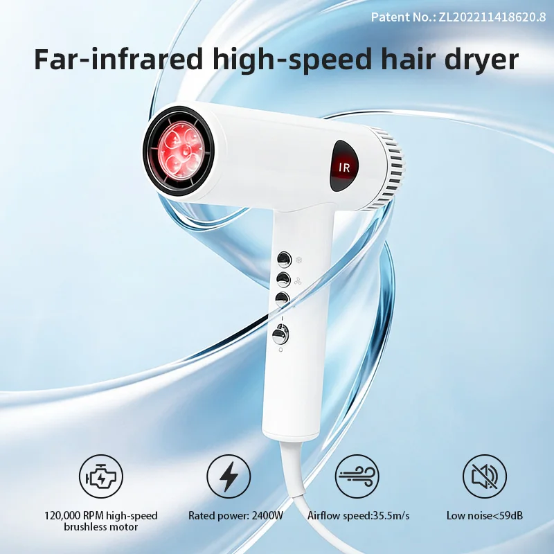 

Brushless High Speed Motor Far Infrared Physiotherapy Salon-Grade Hair Dryer 2400W 3-Speed High Power Ionic Heat Protection