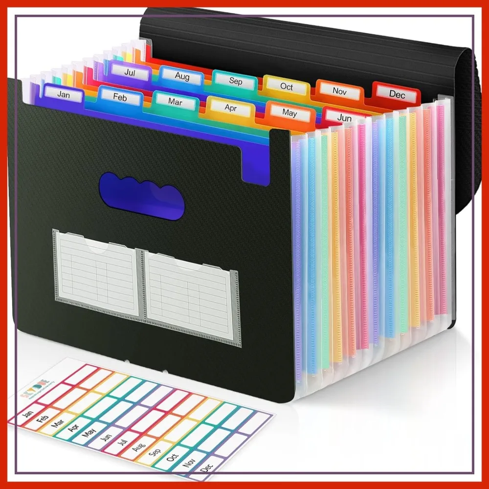 

12 Pocket Accordion File Organizer, Letter Size Expanding Folder with Colored Tabs, Portable Bill Receipt Holder Black