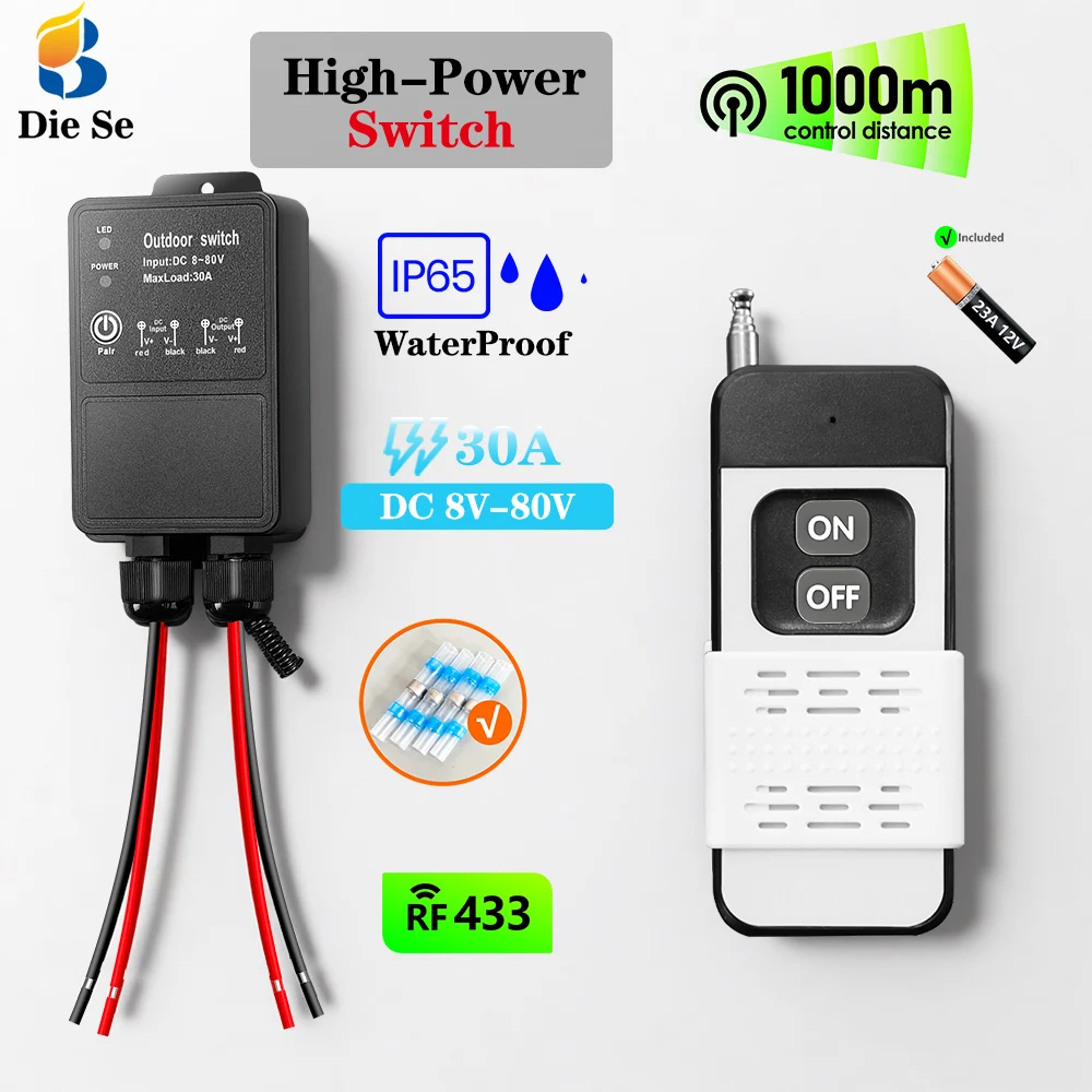 433MHz IP65 Wasserdichter Drahtlos-Schalter und RF-Fernbedienung mit 1000M Reichweite DC 12V 24V 36V 30A für Wasserpumpe LED-Lüfter