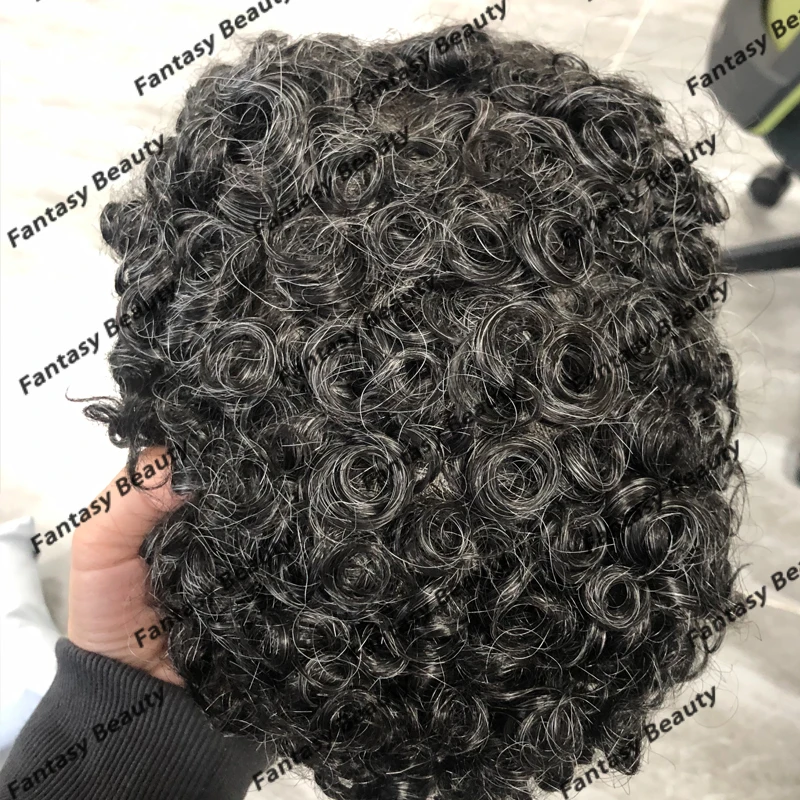 1B10 1B20 abu-abu rambut manusia pria rambut palsu alami Super tahan lama 18mm keriting Afo pria wig pengganti prostesis kapiler