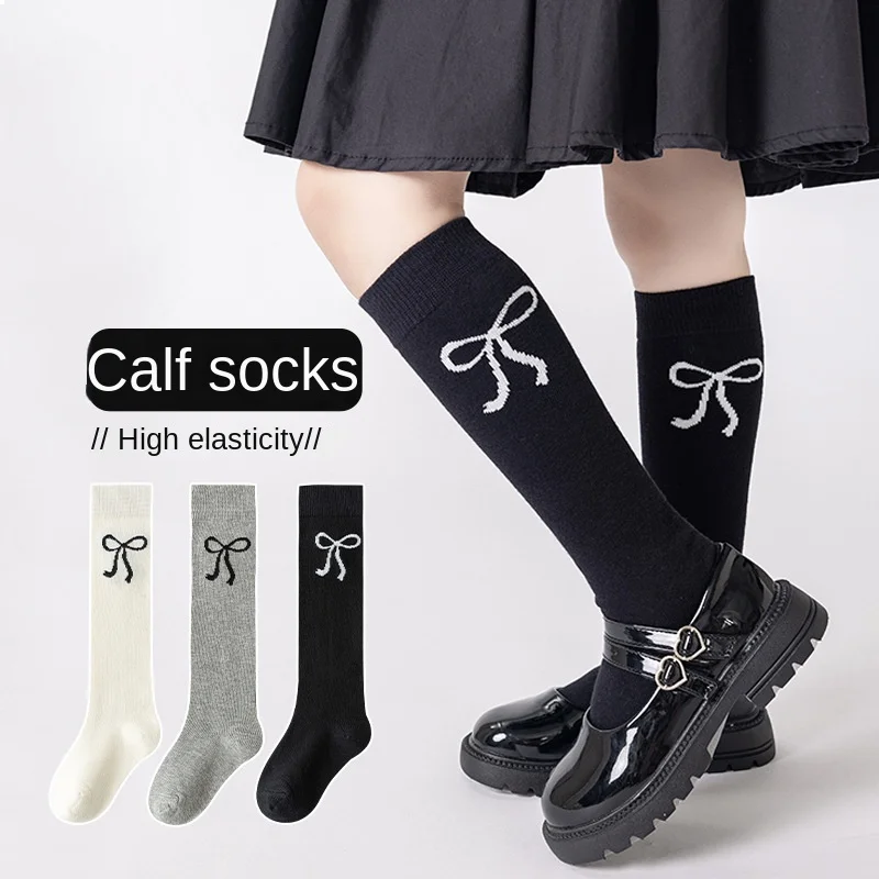 3 Paar kniehohe Slouch-Socken für Mädchen, schwarz, weiß, grau, Schleife, Frühling, stapelbare Strumpfhosen für Kinder von 3–12 Jahren, lässige Schulsocken – Detail 15