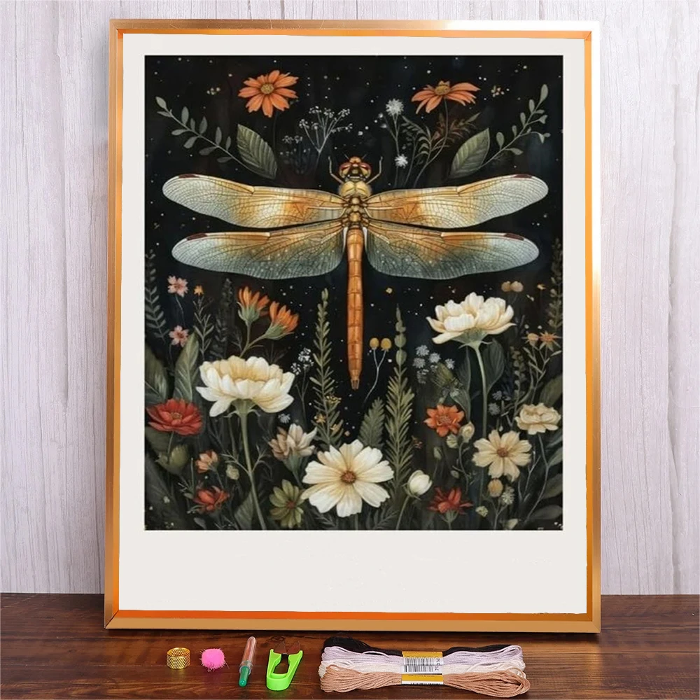 

DIY Cross Stitch Kit New Fashionable 11CT Cloth Embroidery Flowers Dragonfly Printed Fabric Set Crafts For Bedroom Wall Decor
