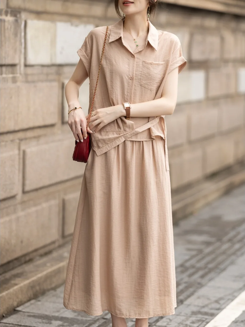 

Ele Casual Women's Summer 2025 Faion Set ort Sve Collar Dr irt Two-Piece Ensemble Age-Defng Skirt