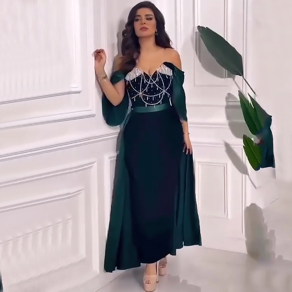 

Flechazo Dark Green Ankle Length Evening Dress V-Neck Off the Shoulder Short Sleeves Straight with Belt and Beading Party Gowns