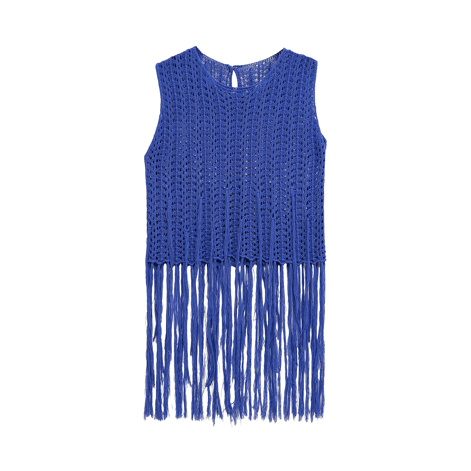 

Topenomi Blue Tassel Sleeveless Knitted Vest Women 2025 Summer Round Neck Hollow Out Slim Short Pullover Simple Fashion Sweater