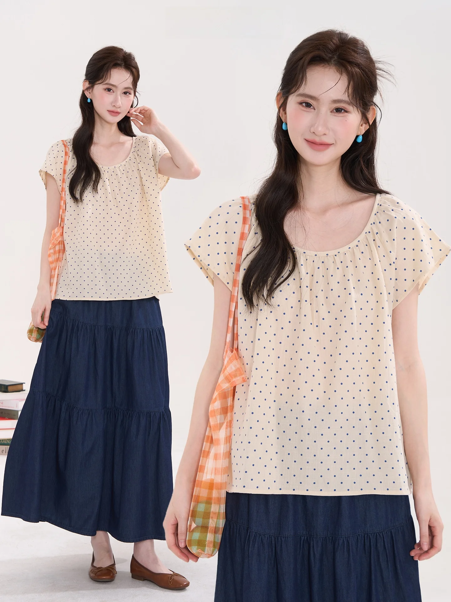

Summer Women's Cotton Gingham Cheered irt round Ne ort Sve Flng Sve Polka Dot Pattern Korean Sle Commute Wind