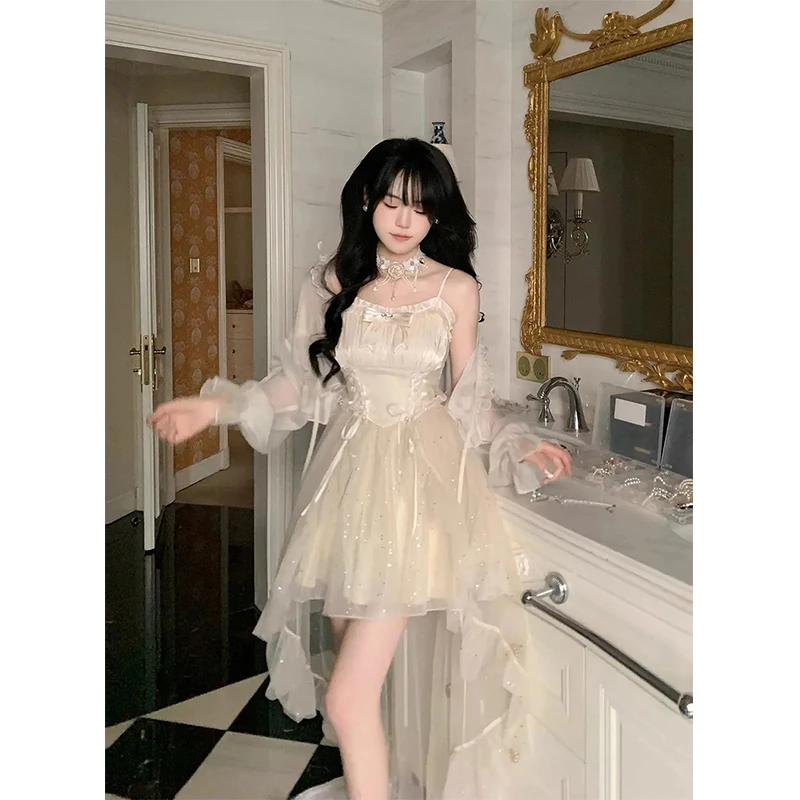 Sweet Bow Mini Dress Women Party Prom Fairy Sequins Mesh Strap Dresses Summer Elegant Korean Sexy Patchwork Bodycon Vestidos New